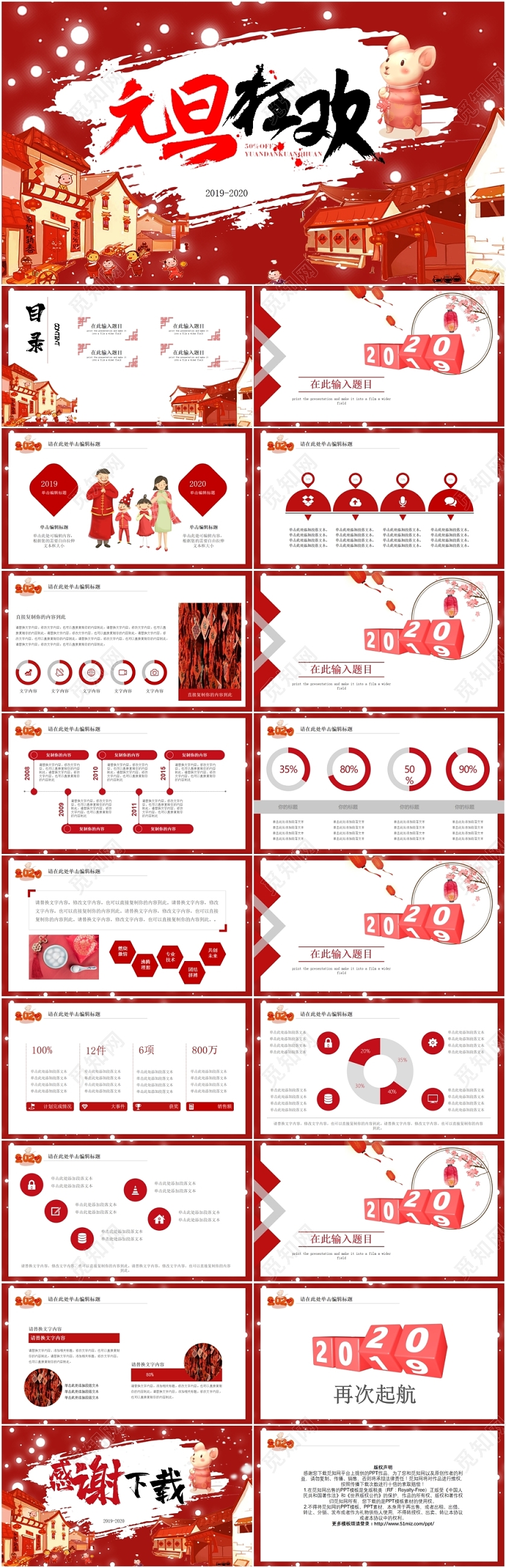 红色喜庆2020元旦春节新年新春通用总结汇报介绍PPT模板