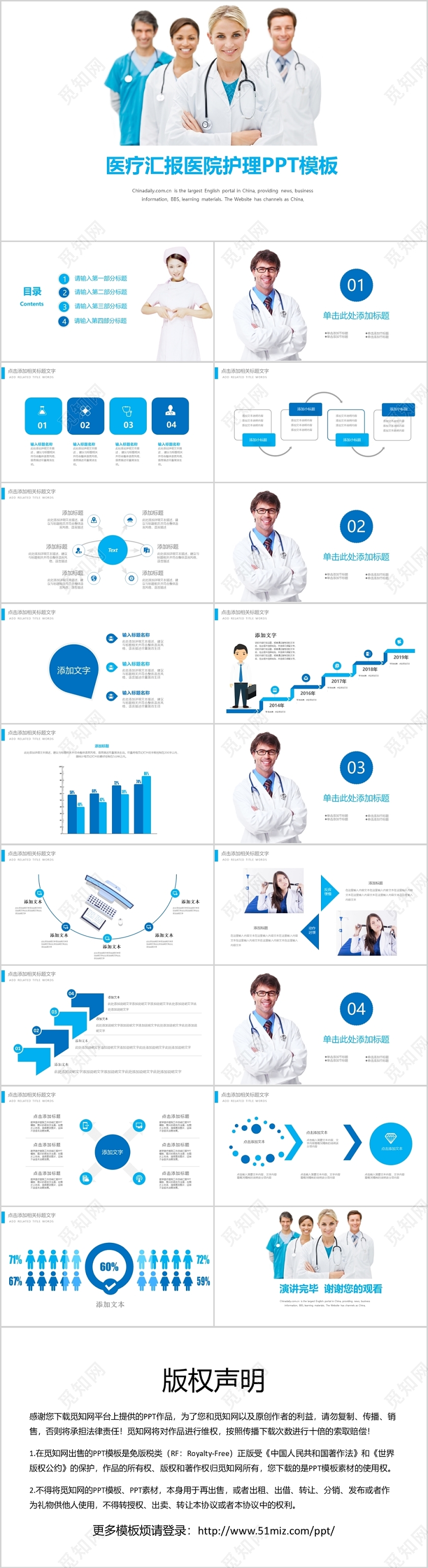 蓝色简约简洁医疗汇报医院护理PPT模板医学医疗