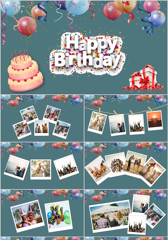 孔雀蓝时尚简约活泼生日会庆生会相册展示PPT通用模板