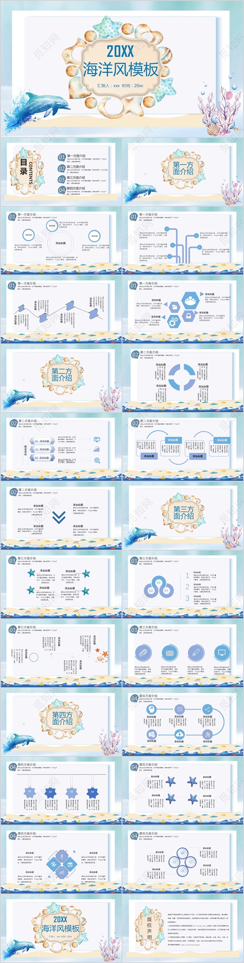 简约风蓝色边框海洋主题ppt模板