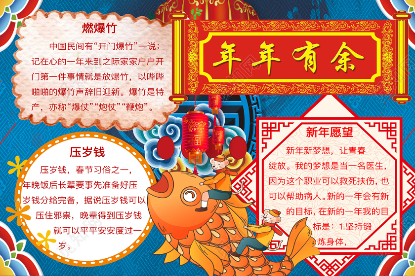 简约可爱年年有余小报word模板鼠年春节新年