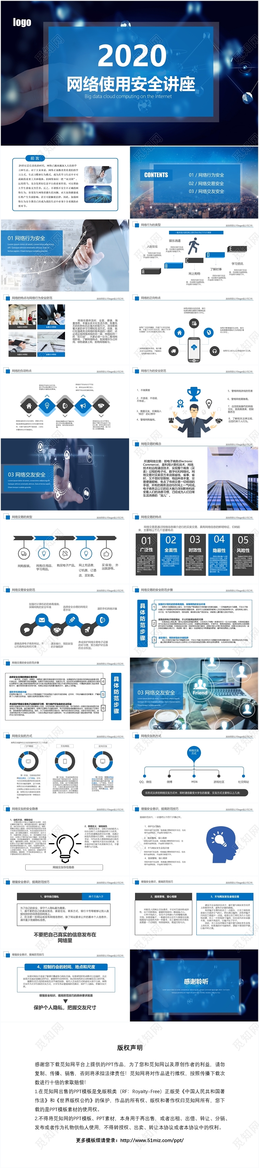 蓝色简约网络使用安全讲座ppt模板