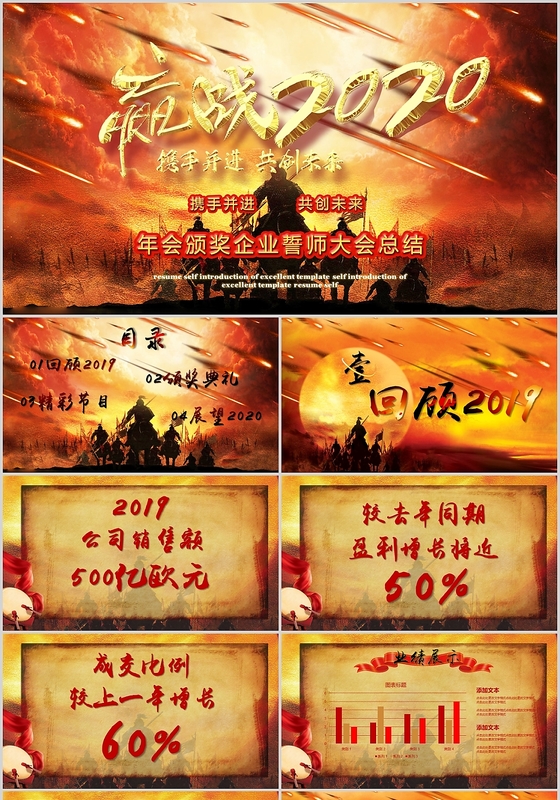 黄色中国战争风年会颁奖企业誓师大会总结PPT模板