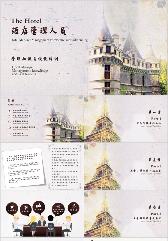 欧美复古酒店管理人员管理知识与技能培训PPT模板