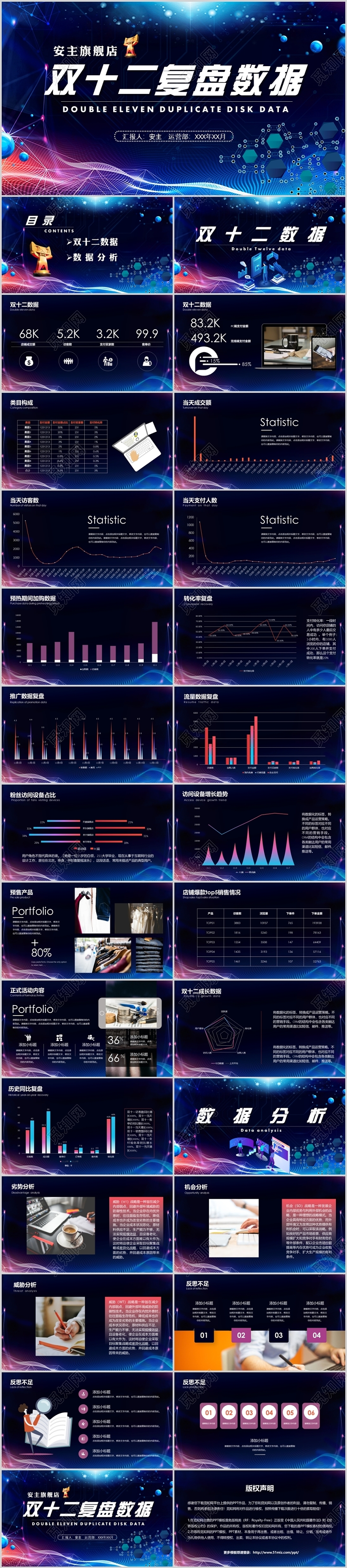 蓝色大气科技风双十二数据复盘ppt模板