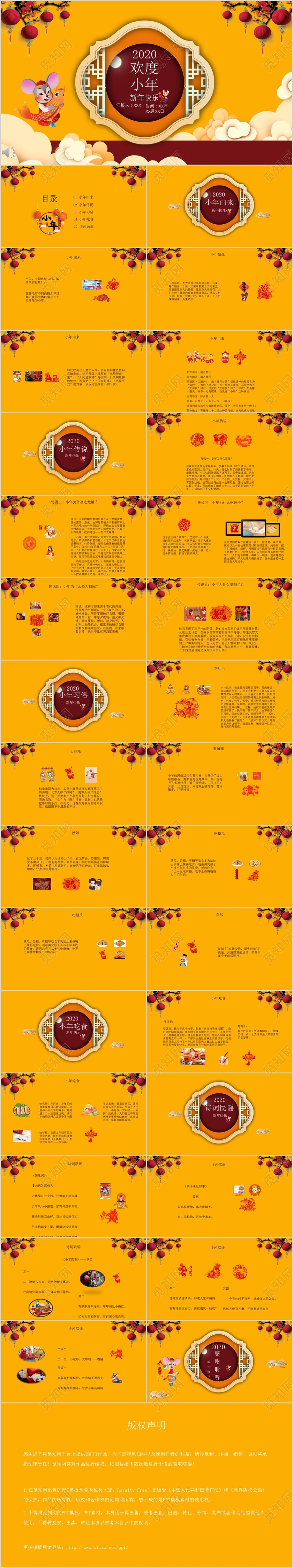 黄色剪纸小年欢度小年节日介绍ppt模版