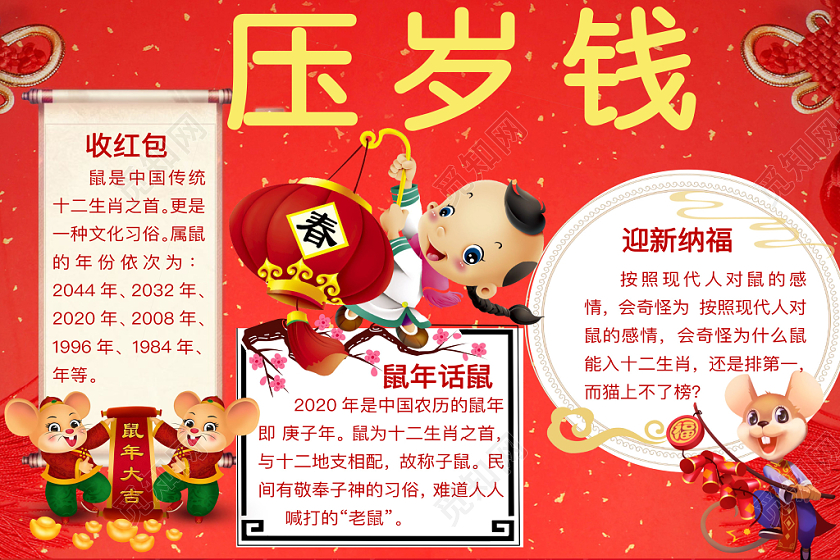 简约可爱压岁钱小报word模板鼠年春节新年
