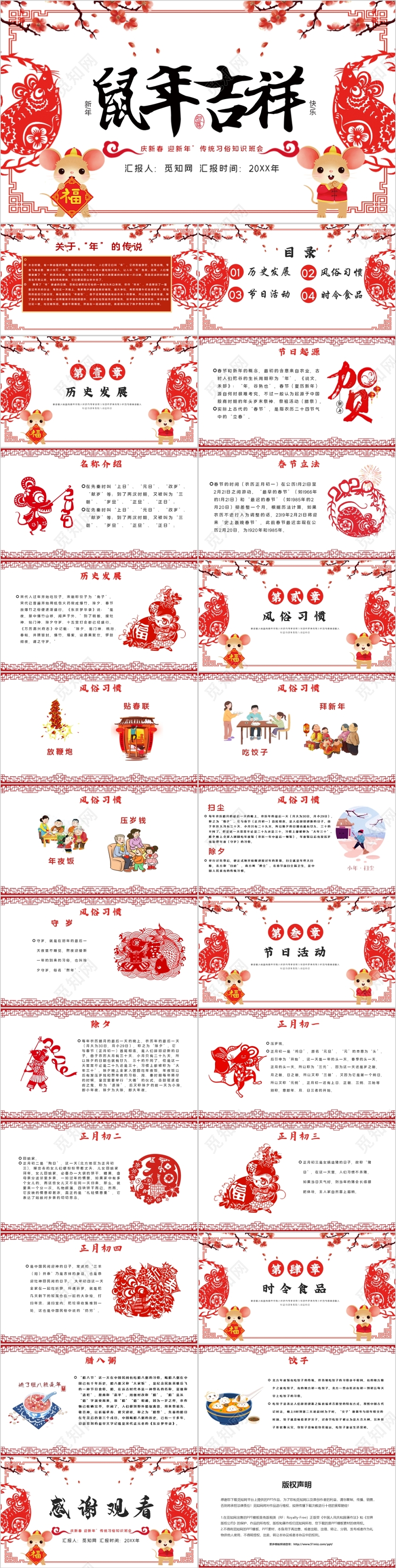 红色剪纸风鼠年吉祥传统习俗知识班会PPT模板