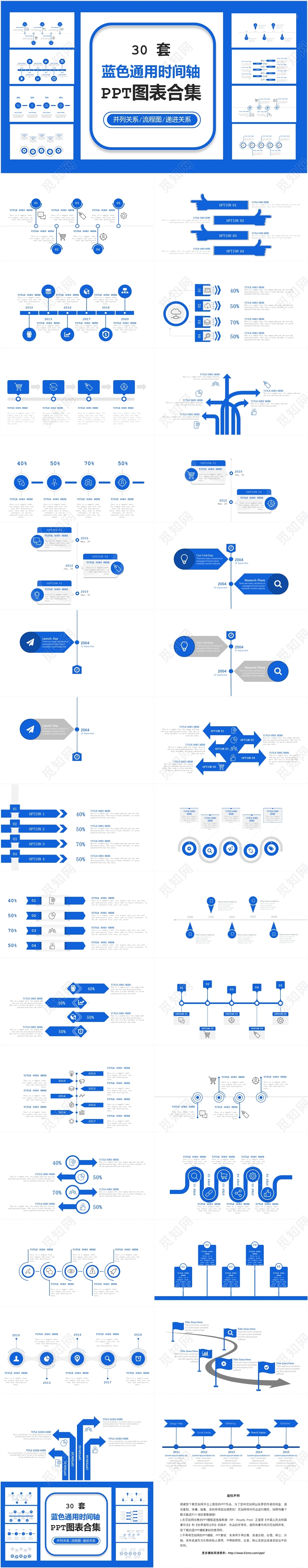 蓝色通用时间轴PPT图表合集ppt模板