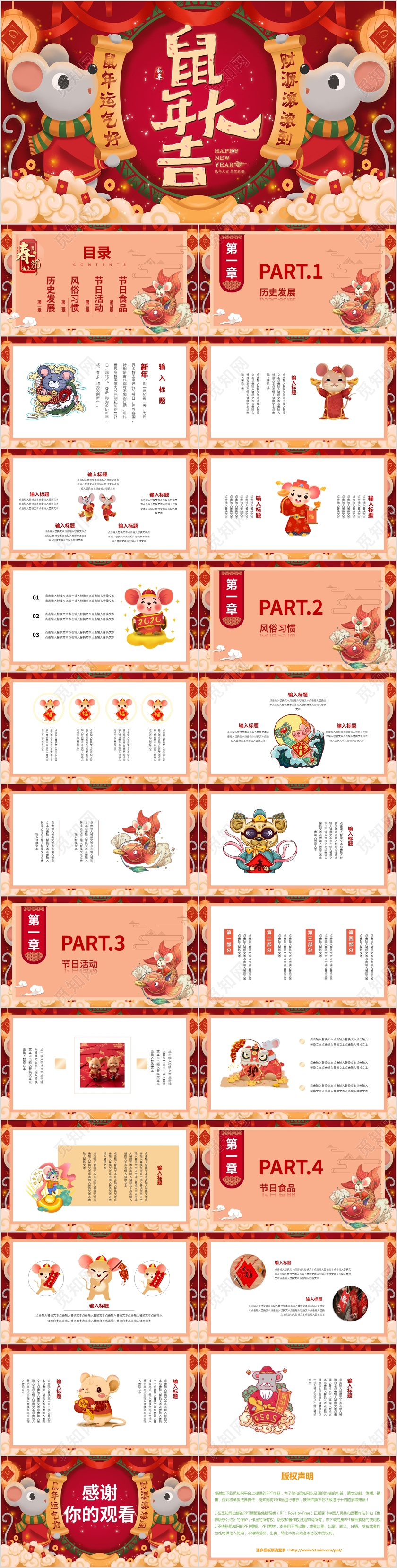 红色中国风喜庆国潮鼠年大吉新年动态PPT模板