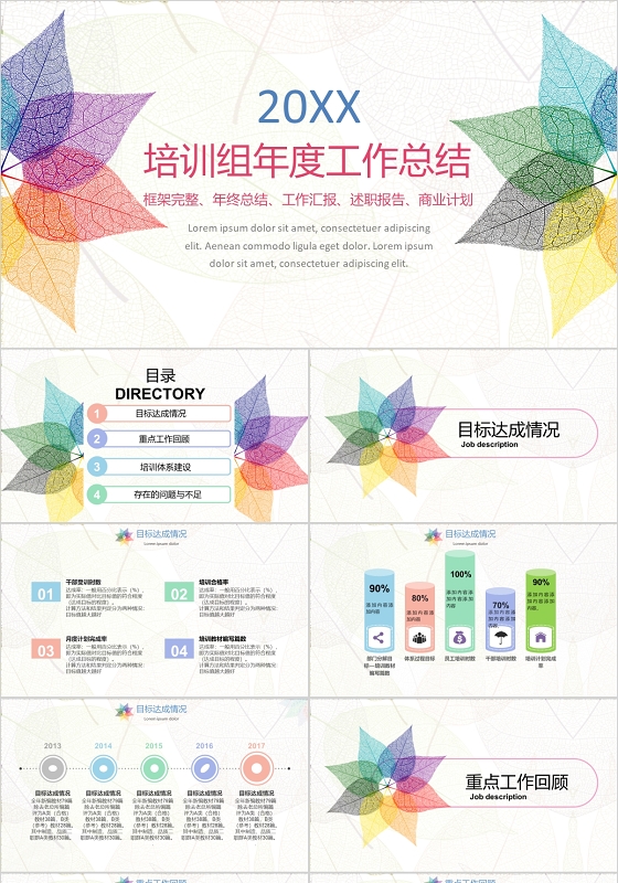 简约树叶纹理培训组年度工作总结培训计划培训方案PPT模板年年度培训工作总结