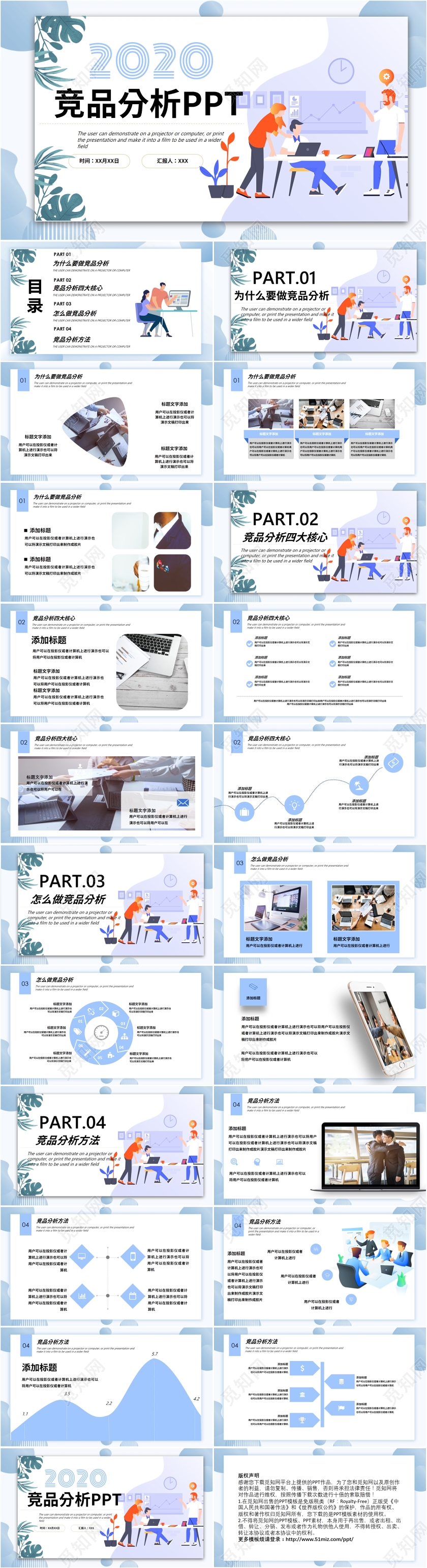 蓝色商务插画通用竞品分析解读行业情况总结汇报PPT模板