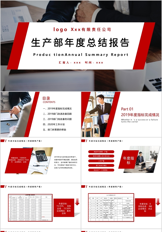 红色简约商务风生产部门年度总结汇报PPT模板