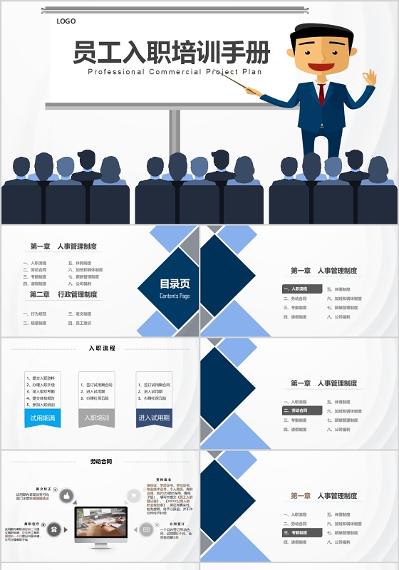 商务风欧美蓝色大气简约公司企业员工入职培训手册PPT通用模板