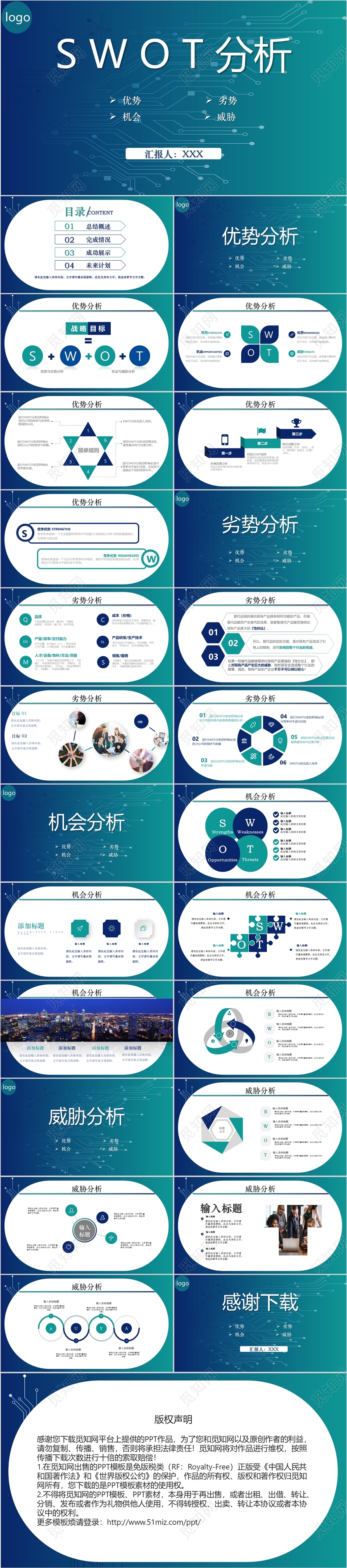 蓝色渐变科技线条SWOT分析PPT模板swot