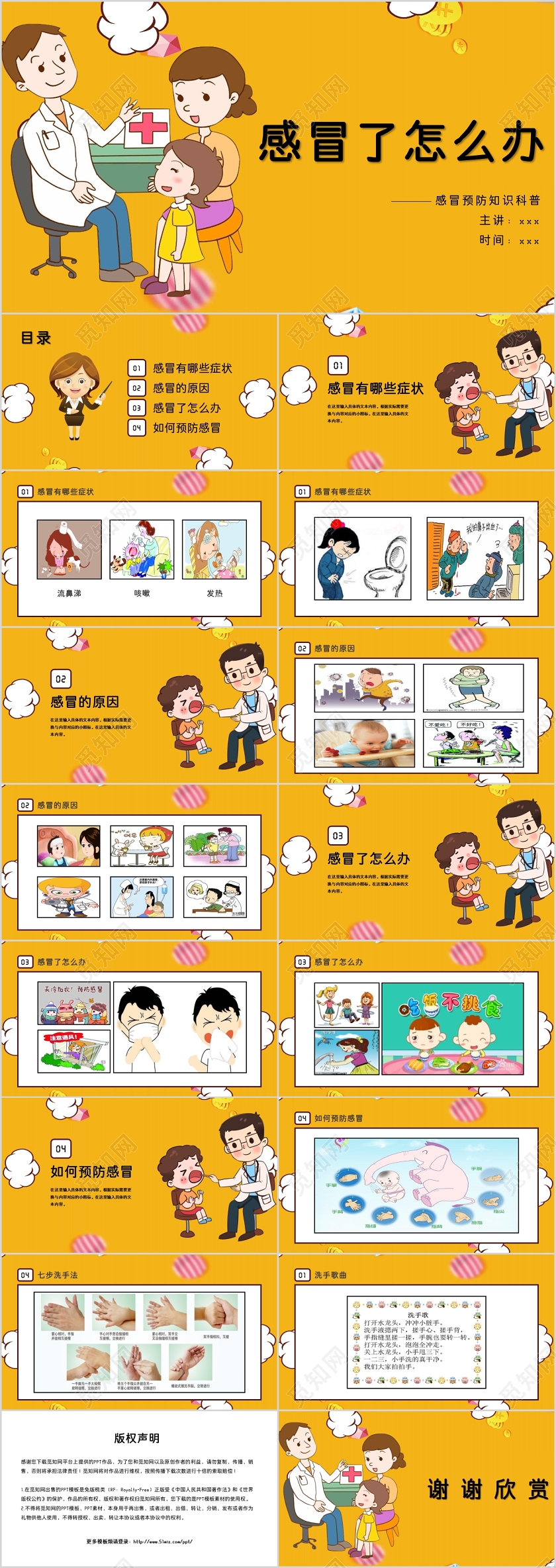 黄色卡通风格感冒了怎么办PPT模板
