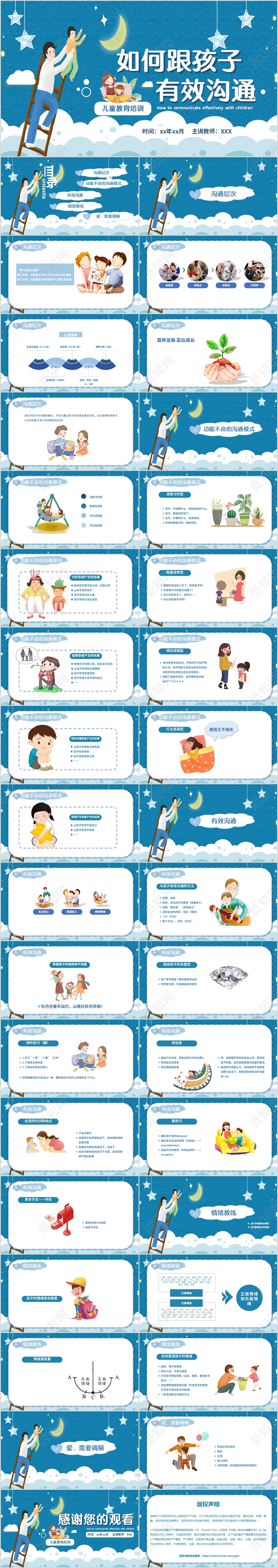 家长会教育培训蓝色温馨卡通怎样与孩子沟通动态PPT模板