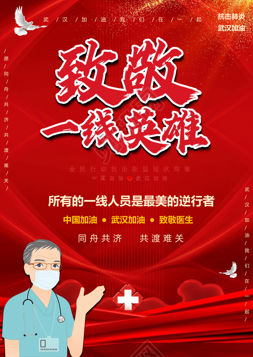 红色背景抗击新型冠状病毒武汉致敬医护人员word文档模板疫情