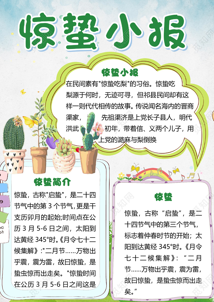 绿色简约小清新二十四节气惊蛰小报word模板惊蛰小报二十四节气