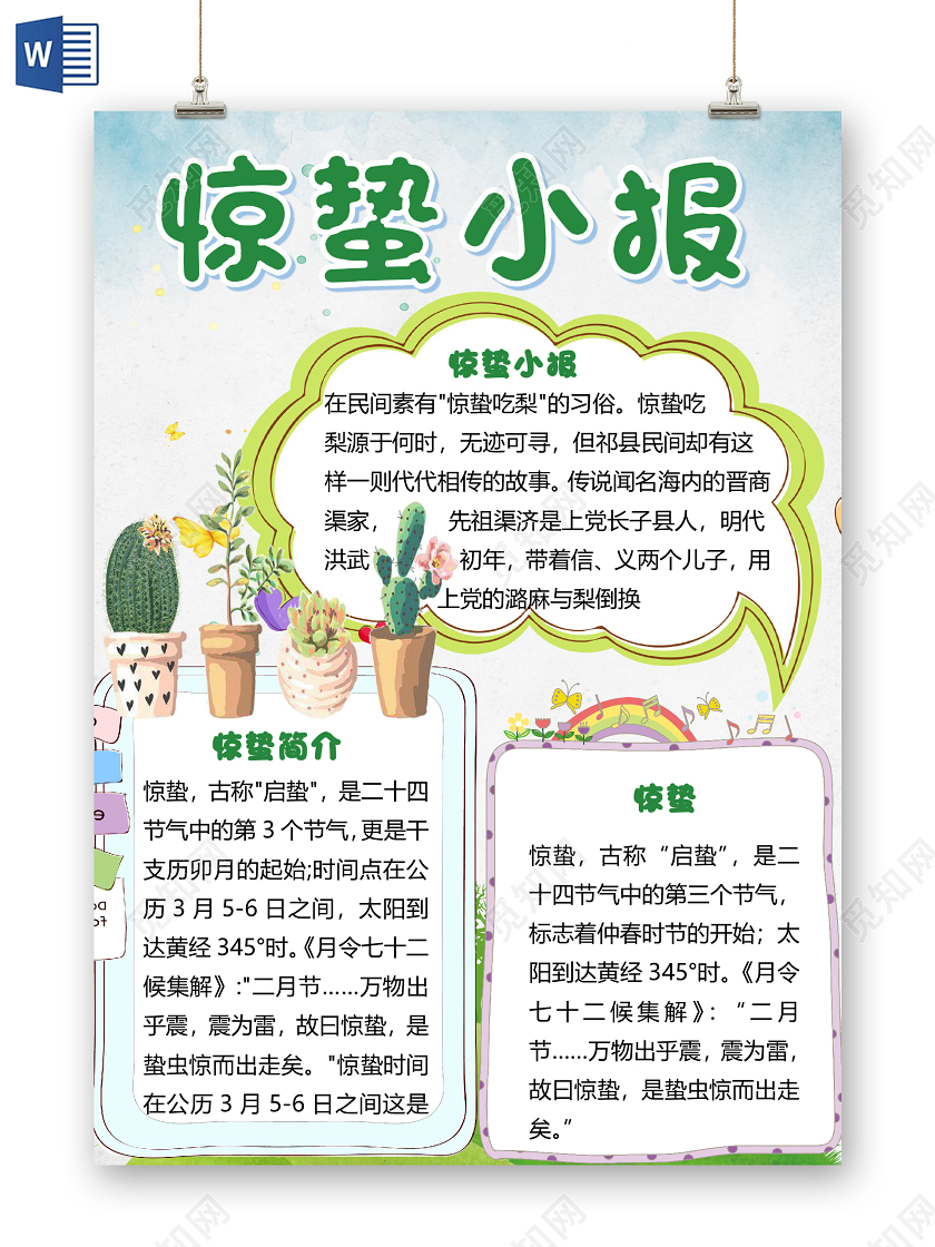 绿色简约小清新二十四节气惊蛰小报word模板惊蛰小报二十四节气