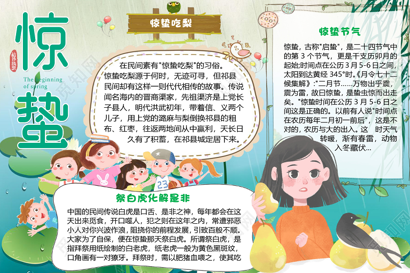 卡通儿童荷塘二十四节气惊蛰小报word模板惊蛰小报二十四节气