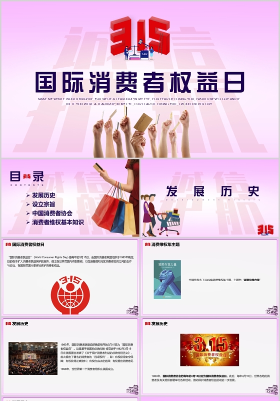 粉色简约风315国际消费者权益日PPT模板