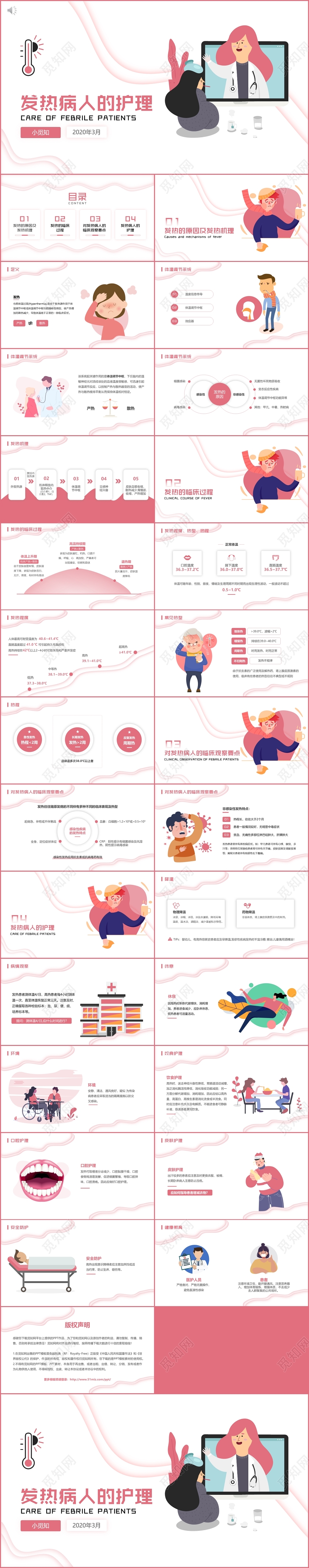 粉红色扁平折纸风发热病人的护理PPT模板医疗
