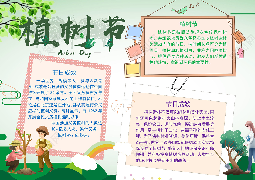 绿色卡通环保横版植树节手抄报word文档模板312植树节wo312植树节word小报手抄报