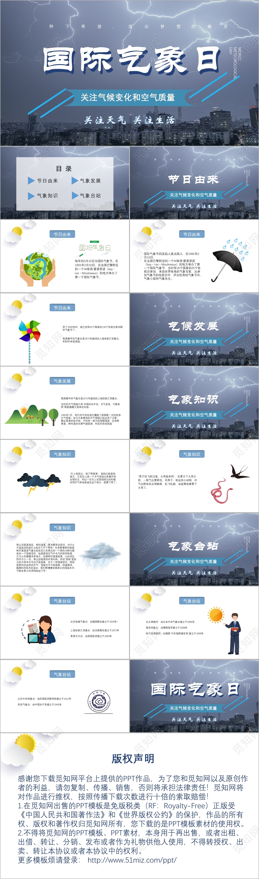 蓝色大气关注气候国际气象日节日介绍PPT模板世界气象日