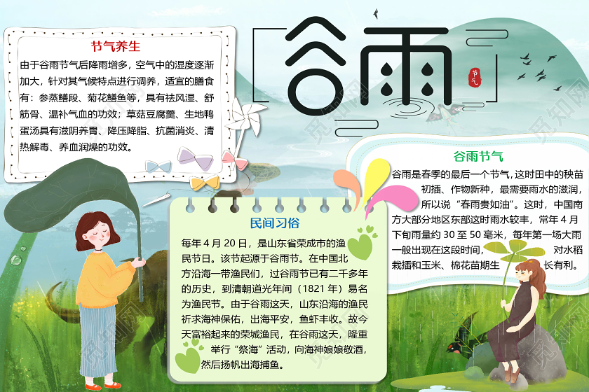 卡通古风简约二十四节气谷雨小报手抄报word模板