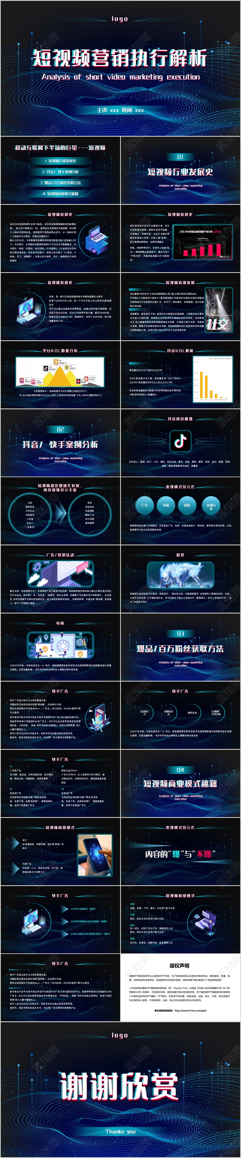 蓝色科技风短视频营销执行解析PPT模板