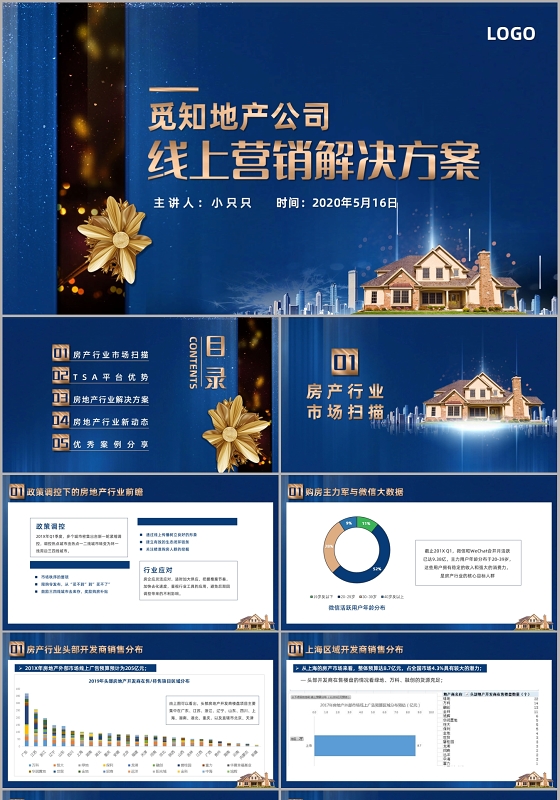 蓝色大气地产公司线上营销解决方案PPT模板