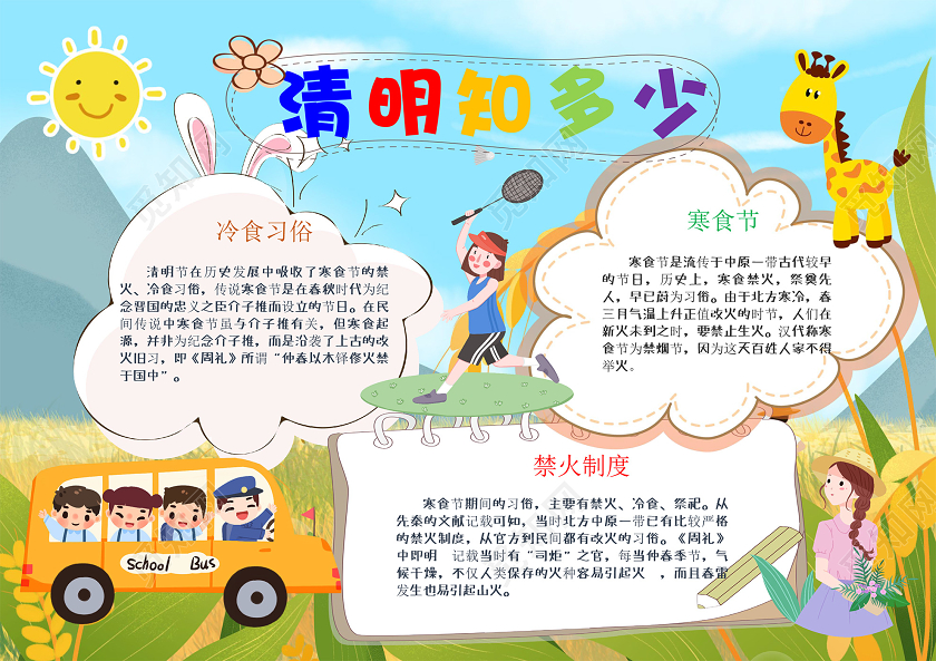 卡通清明节清明知多少习俗寒食节禁火小报清明节小报