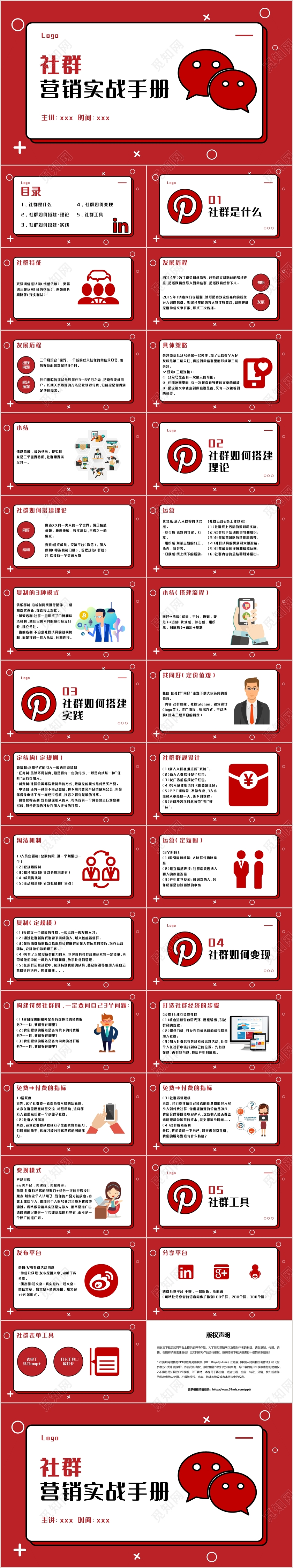 红色简约卡片风格社群营销实战手册PPT模板