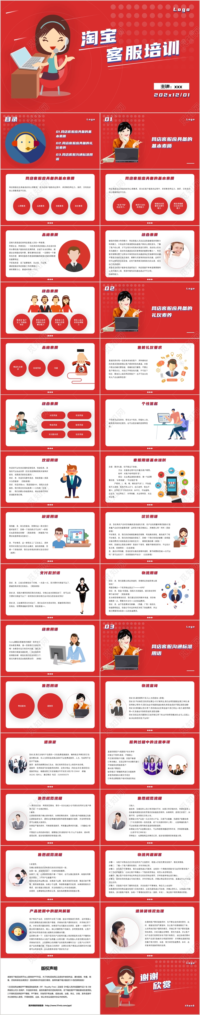 红色简约卡通风格淘宝客服培训PPT模板培训课件