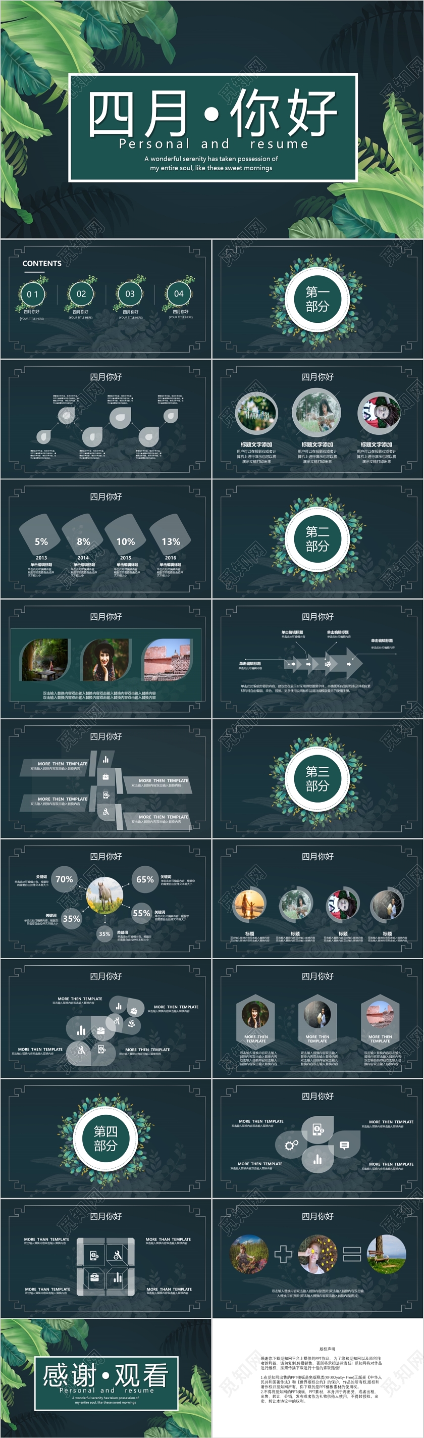 墨色简约风四月你好PPT模板