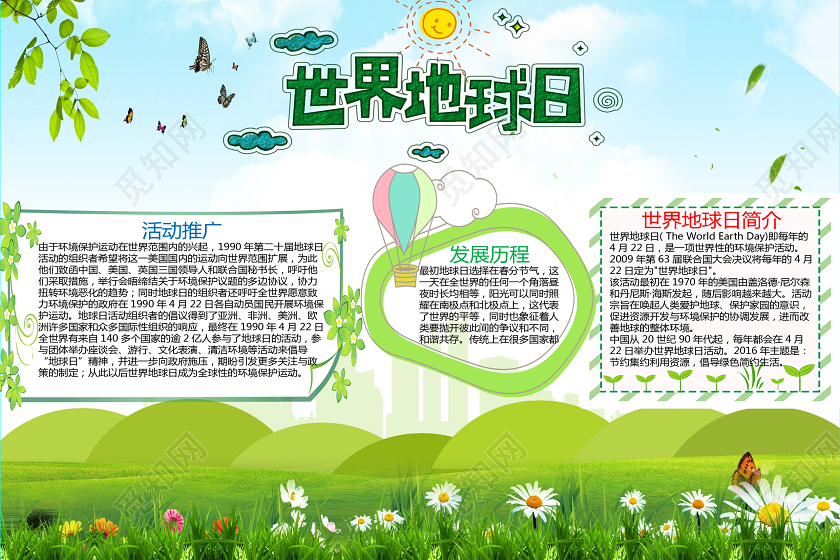 绿色卡通环保世界地球日手抄报word文档模板世界地球日小报
