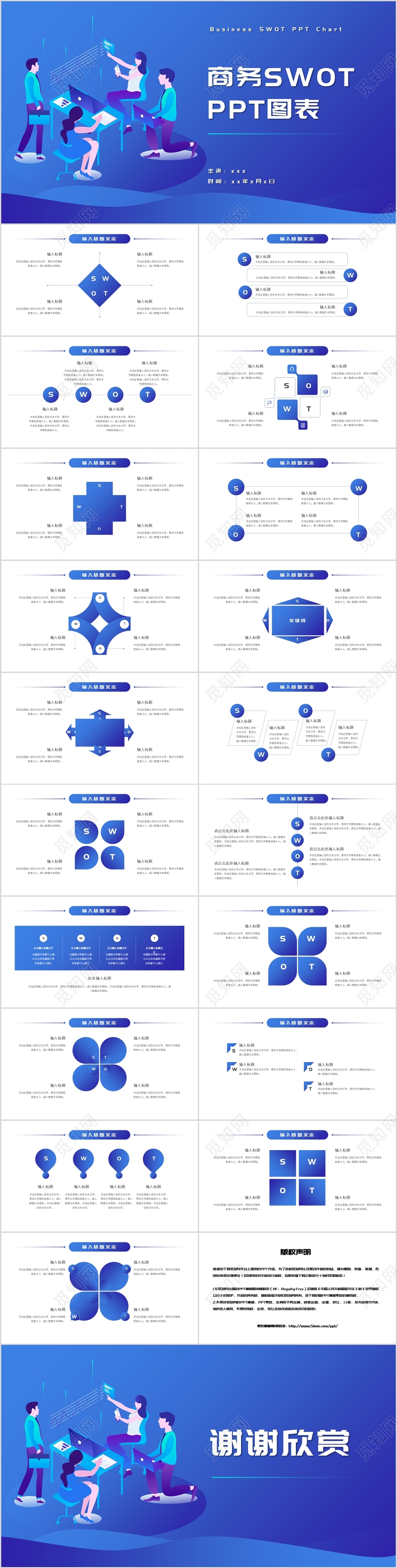蓝色简约渐变风swot图表分析PPT模板