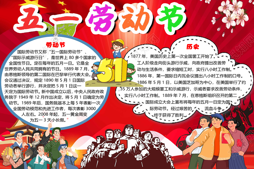 红色卡通五一劳动节小报手抄报word模板