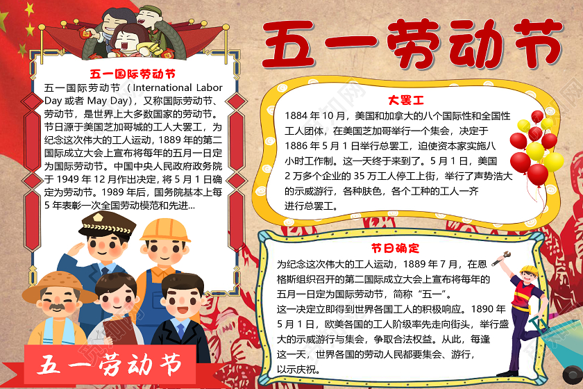 复古风卡通五一劳动节小报手抄报word模板