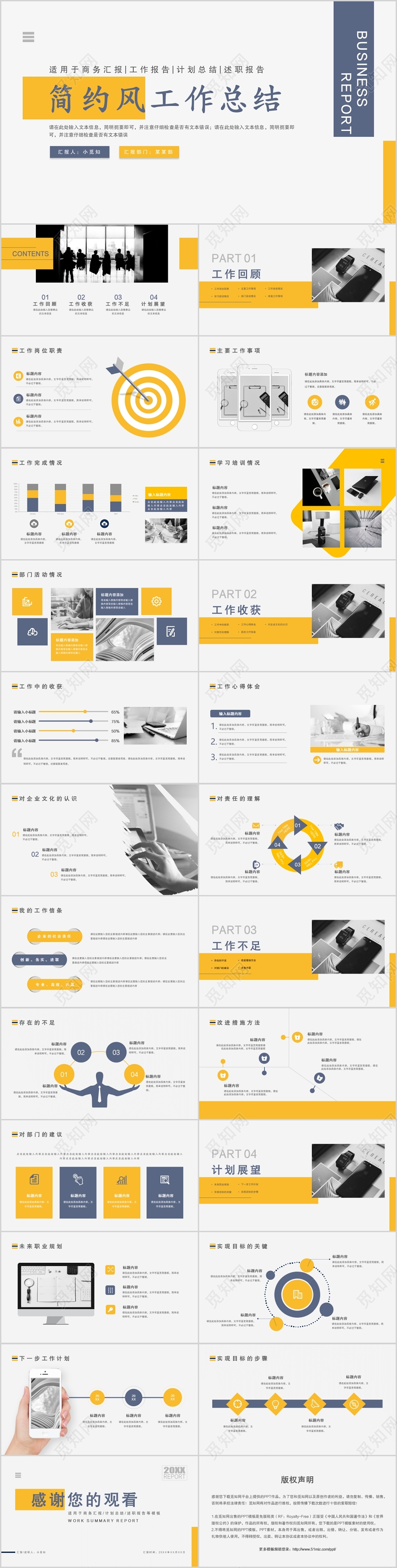黄色极简风商务通用工作总结汇报PPT模板