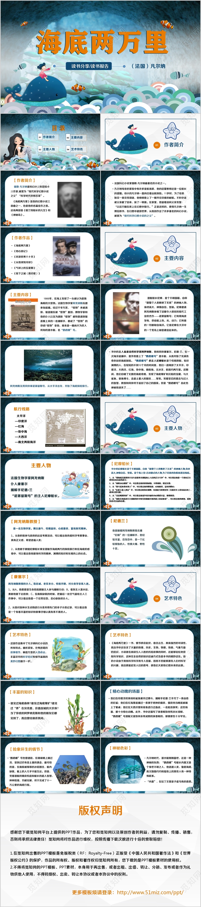 清新卡通海底两万里读书分享读书报告PPT动态模板