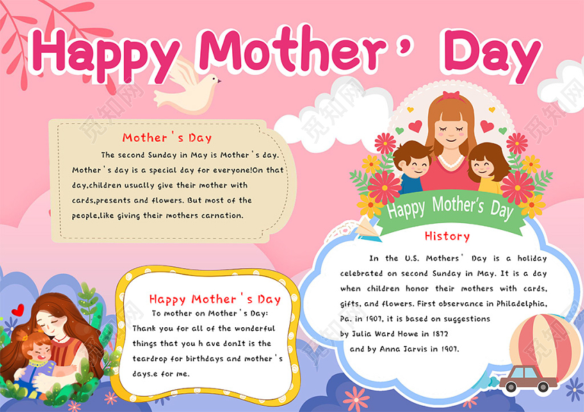 卡通可爱粉色感恩母亲节学生小报模板母亲节小报