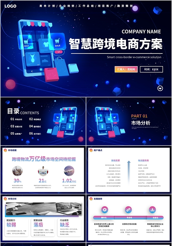 渐变科技大气智慧跨境电商方案商业策划动态PPT模板