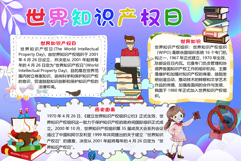 紫色卡通唯美世界知识产权日小报手抄报word模板