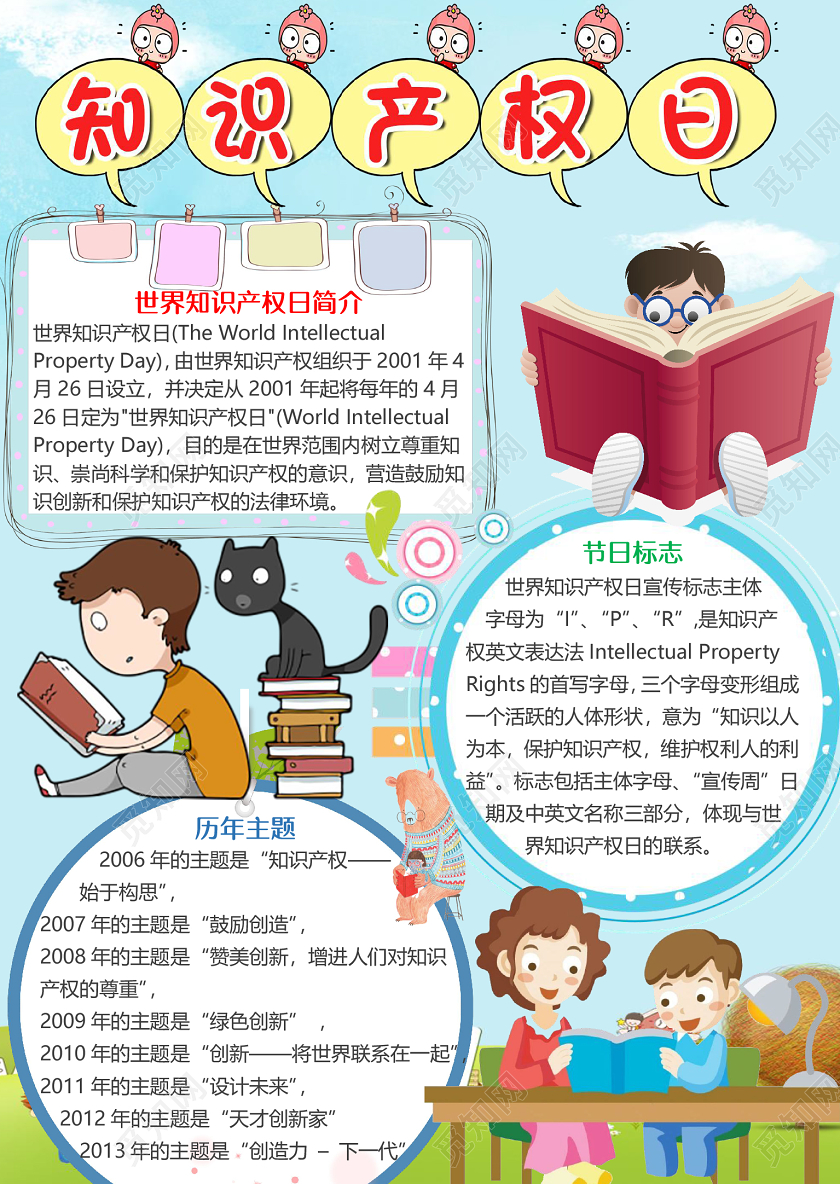 卡通蓝色可爱风竖版世界知识产权日小报手抄报word模板