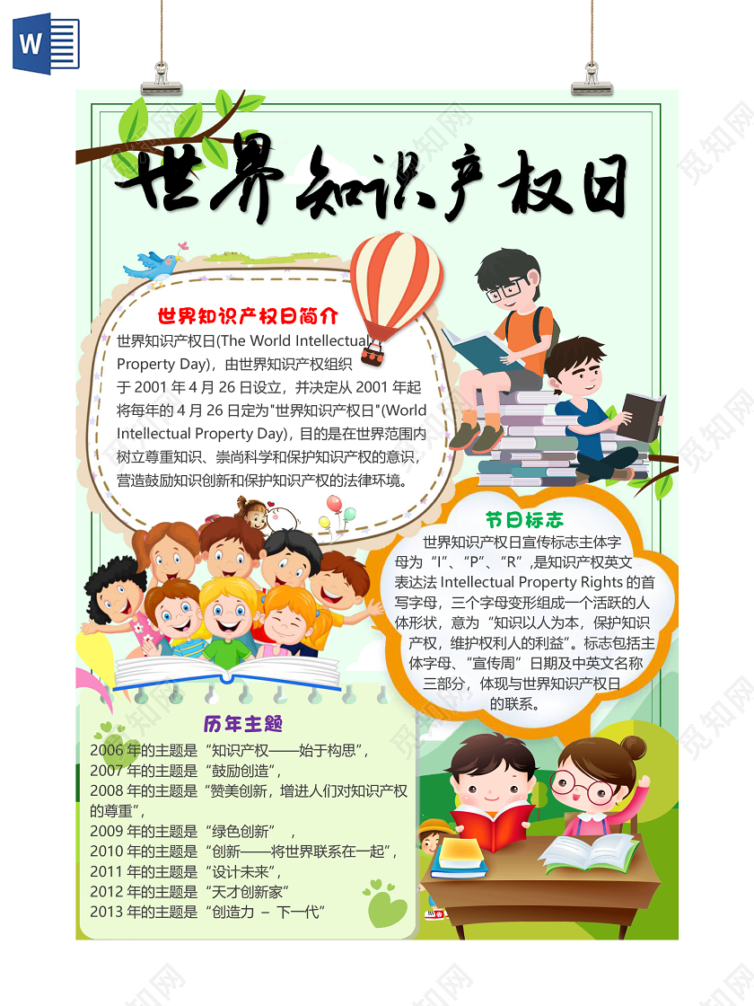 绿色卡通竖版世界知识产权日小报手抄报word模板