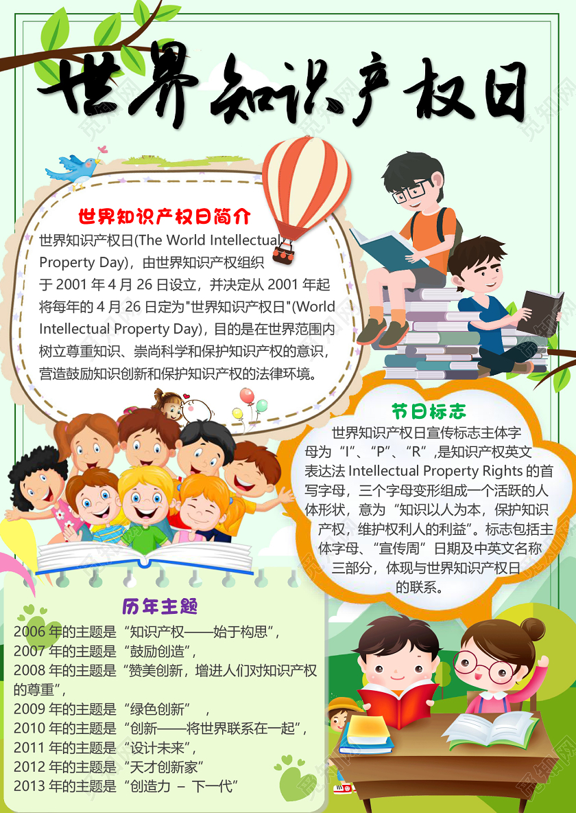 绿色卡通竖版世界知识产权日小报手抄报word模板
