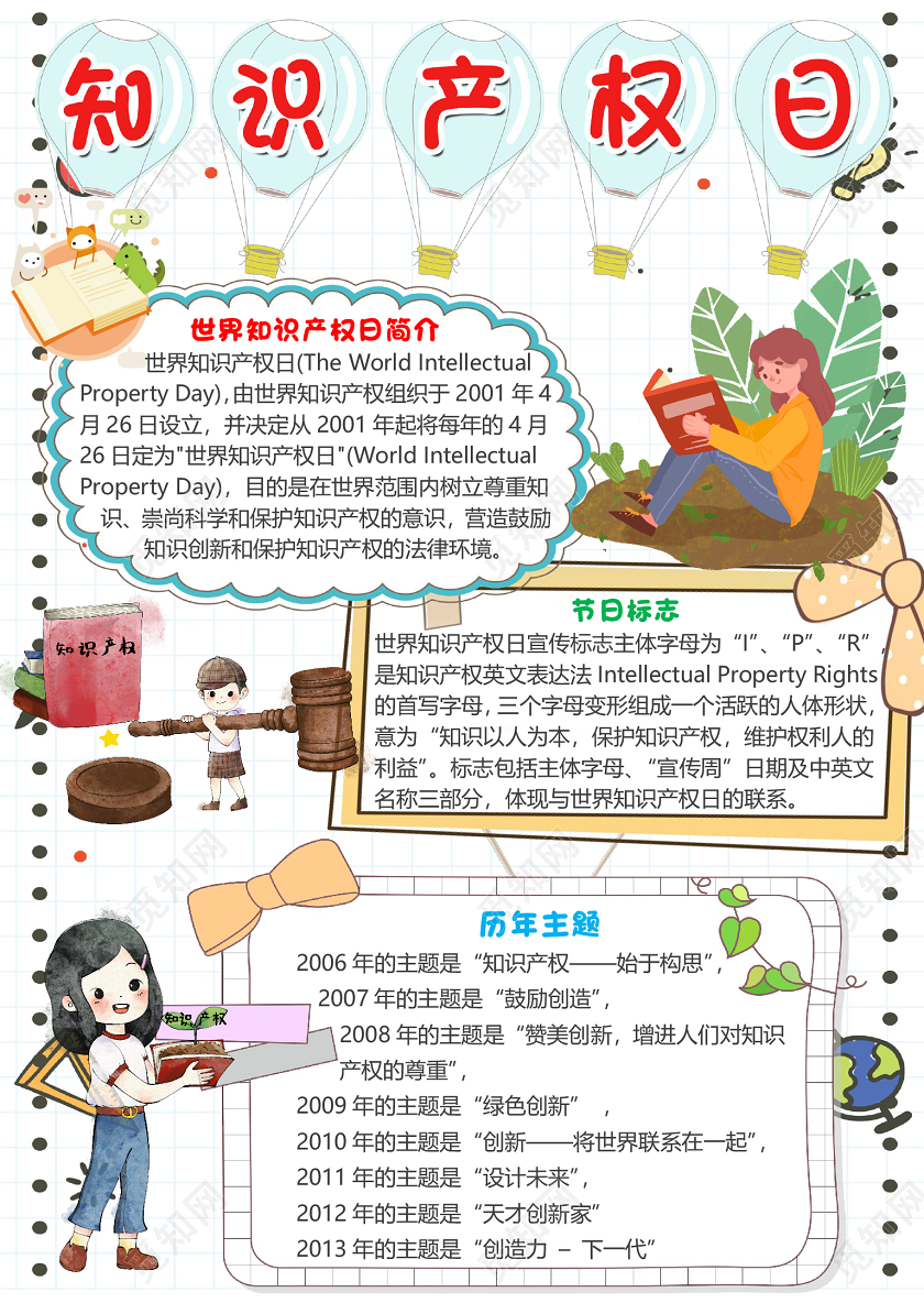 简约卡通清新风世界知识产权日小报手抄报word模板