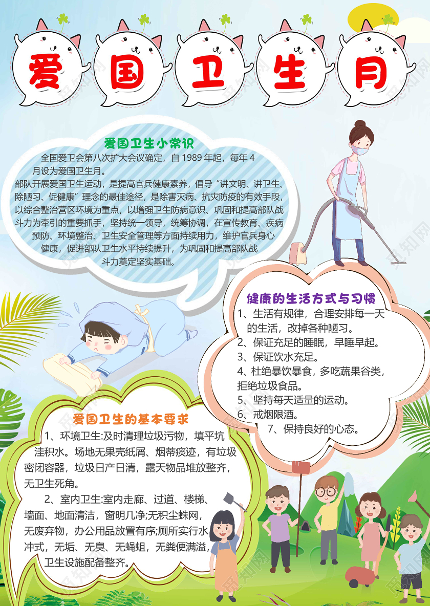 蓝色卡通简约全国爱国卫生月小报手抄报word模板